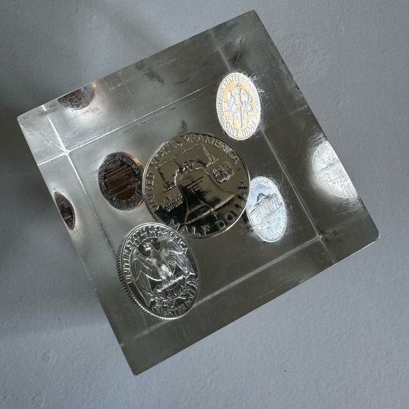 Vintage 1959 Floating Pop Art Lucite Clear Proof Coins Cube - Picture 2 of 11